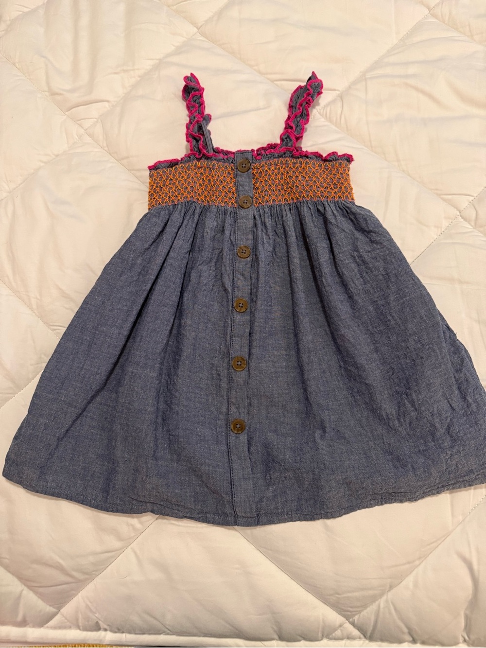 Cat & Jack Denim-Look Dress with Orange Smocked Top and Pink Trim